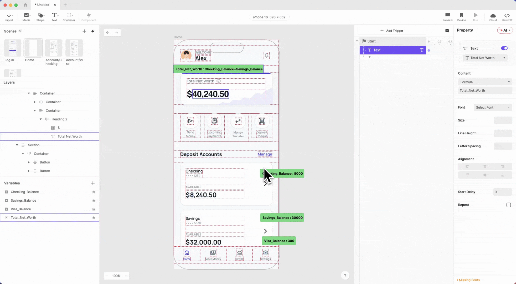 ProtoPie canvas in preview mode showing the Pie Bank home dashboard with all four balances displaying as formatted currency — total net worth 38,000.00, checking 8,000.00, savings 30,000.00, and visa 300.00 — after applying the ProtoPie number formatting formula