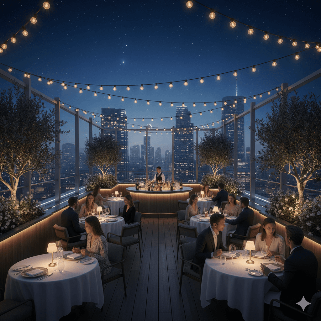 Luxury rooftop restaurant and open-air food court terrace by M3M in Jammu