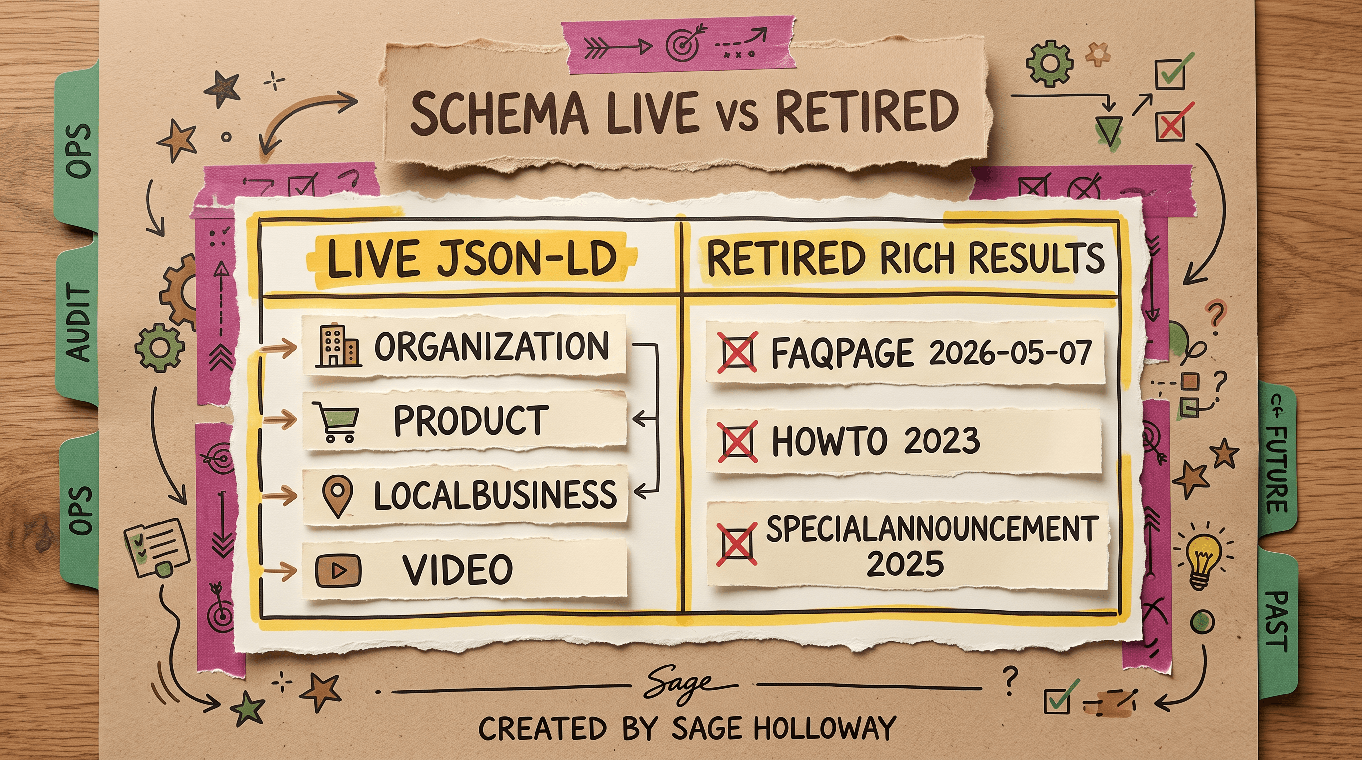 Table of live Organization Product LocalBusiness Video schema versus retired FAQPage HowTo and SpecialAnnouncement