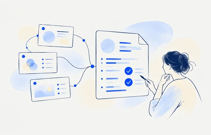 Automated documentation in fine navy linework with cobalt accents and pale watercolor washes.