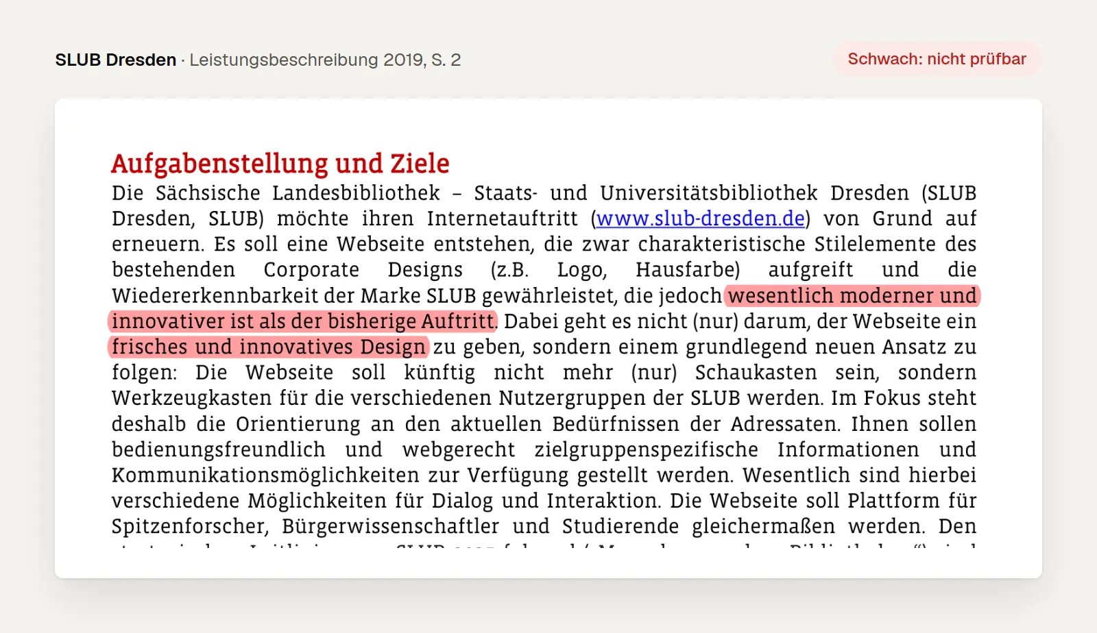 Ausschnitt aus der Leistungsbeschreibung der SLUB Dresden 2019, Seite 2, markiert: wesentlich moderner und innovativer