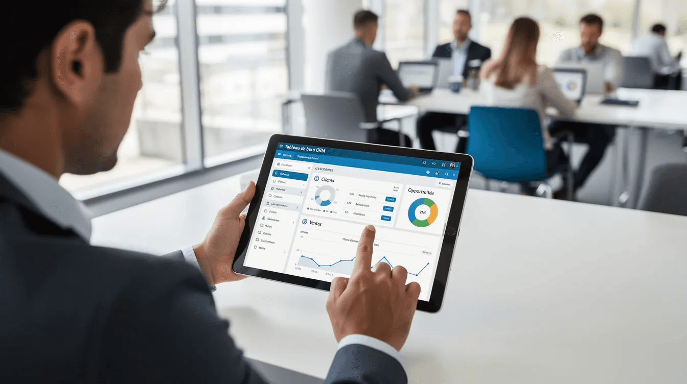 Une personne consulte un logiciel CRM sur une tablette dans un bureau moderne, entourée d'un environnement professionnel. Cette scène illustre l'utilisation d'outils de gestion de la relation client pour optimiser les opportunités et améliorer le service client au sein des entreprises.