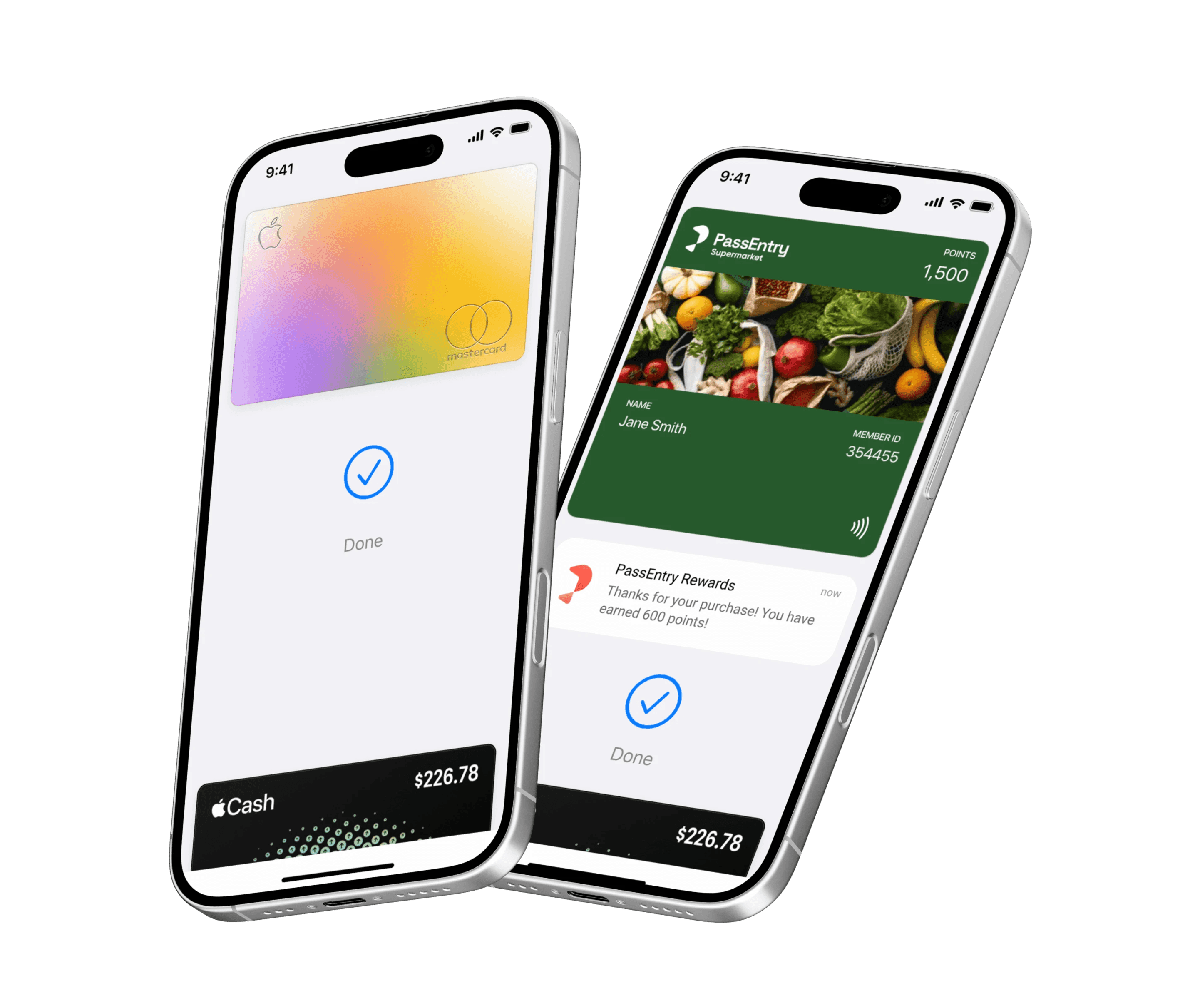Two-step Apple Wallet payment and loyalty confirmation screens on iPhone