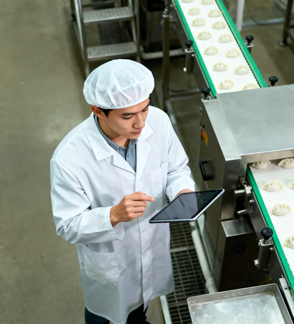 Quality inspector in a hairnet checking a food packing line on a tablet
