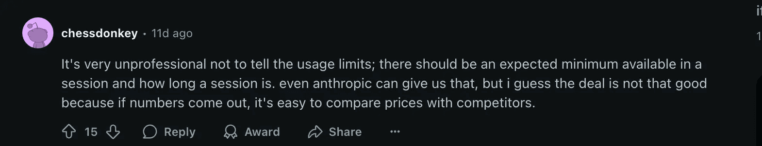 reddit image of an user talking about cursor's new pricing change
