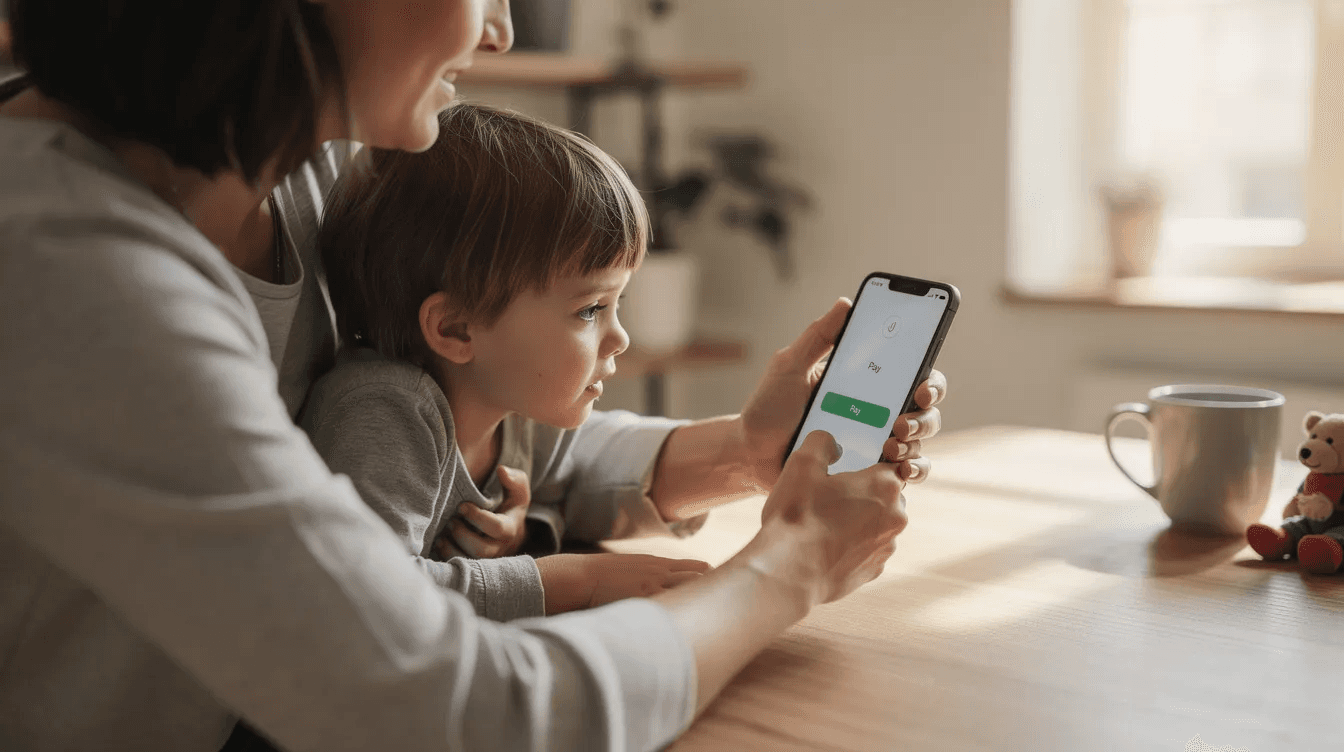 A parent is seated with their child, using a smartphone to make a payment, likely for sports club membership fees or event registrations. This scene reflects the convenience of club management software that allows for easy transactions and communication within the sports community.