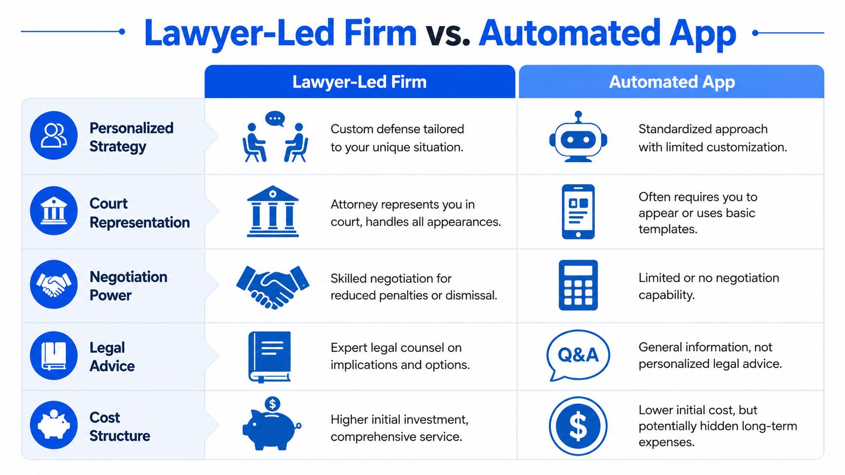 A comparison chart showing the differences between lawyer-led firms and automated apps for legal services.