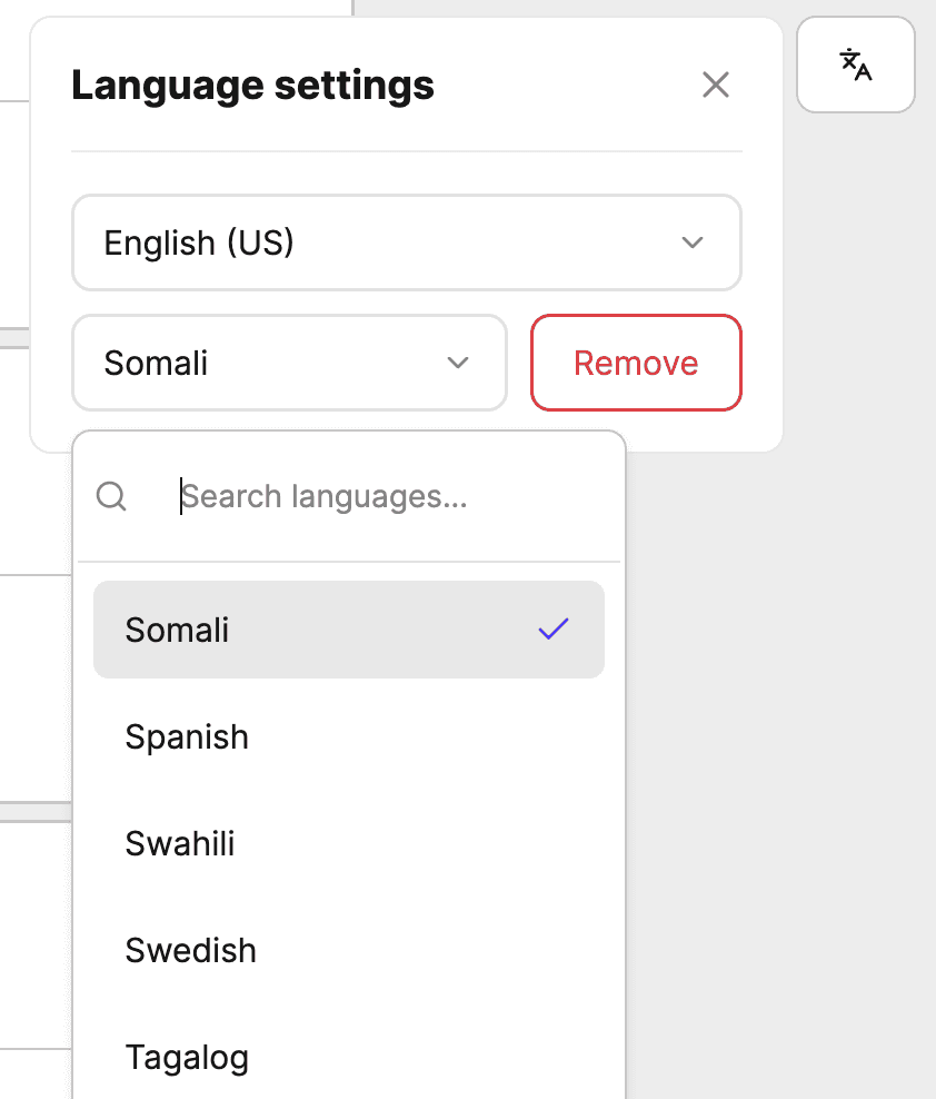 Language selection dropdown with the language Somali selected.