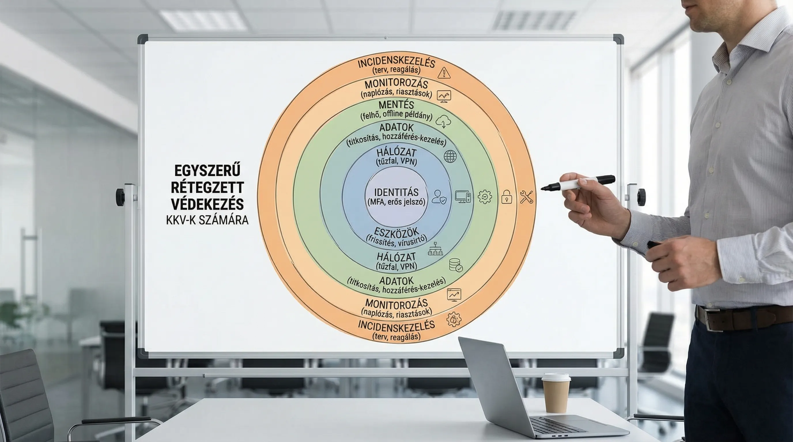 Egyszerű rétegzett védekezési ábra KKV-k számára: identitás, eszközök, hálózat, adatok, mentés, monitorozás, incidenskezelés, mindegyikhez 1-2 kulcs kontroll társítva.