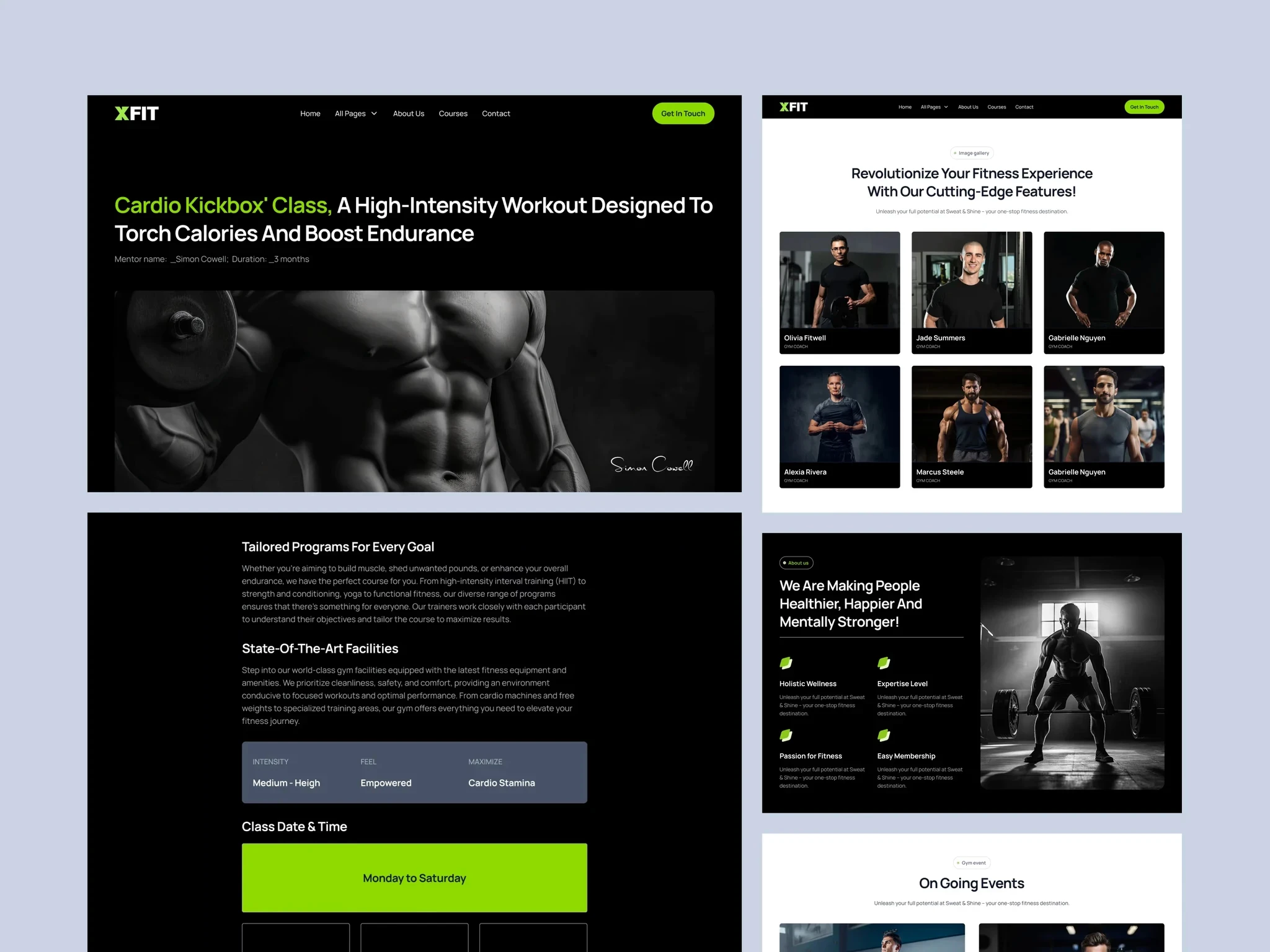 showing X Fit website template different pages