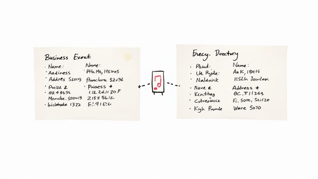 A graphic illustrating NAP (Name, Address, Phone) consistency across different online platforms, showing a central business icon connected to various directory logos with consistent data.