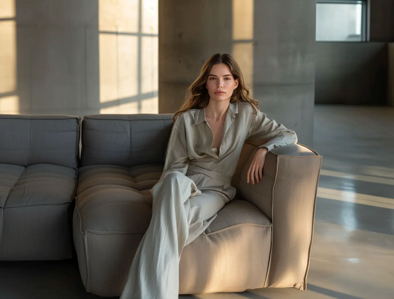 Eine Frau in einem hellbeigen Kostüm sitzt auf einem modernen, gepolsterten Sofa in einem geräumigen Raum mit Betonwänden und großen Fenstern, der in warmes Tageslicht getaucht ist – eingefangen in einer atemberaubenden 3D-Darstellung.