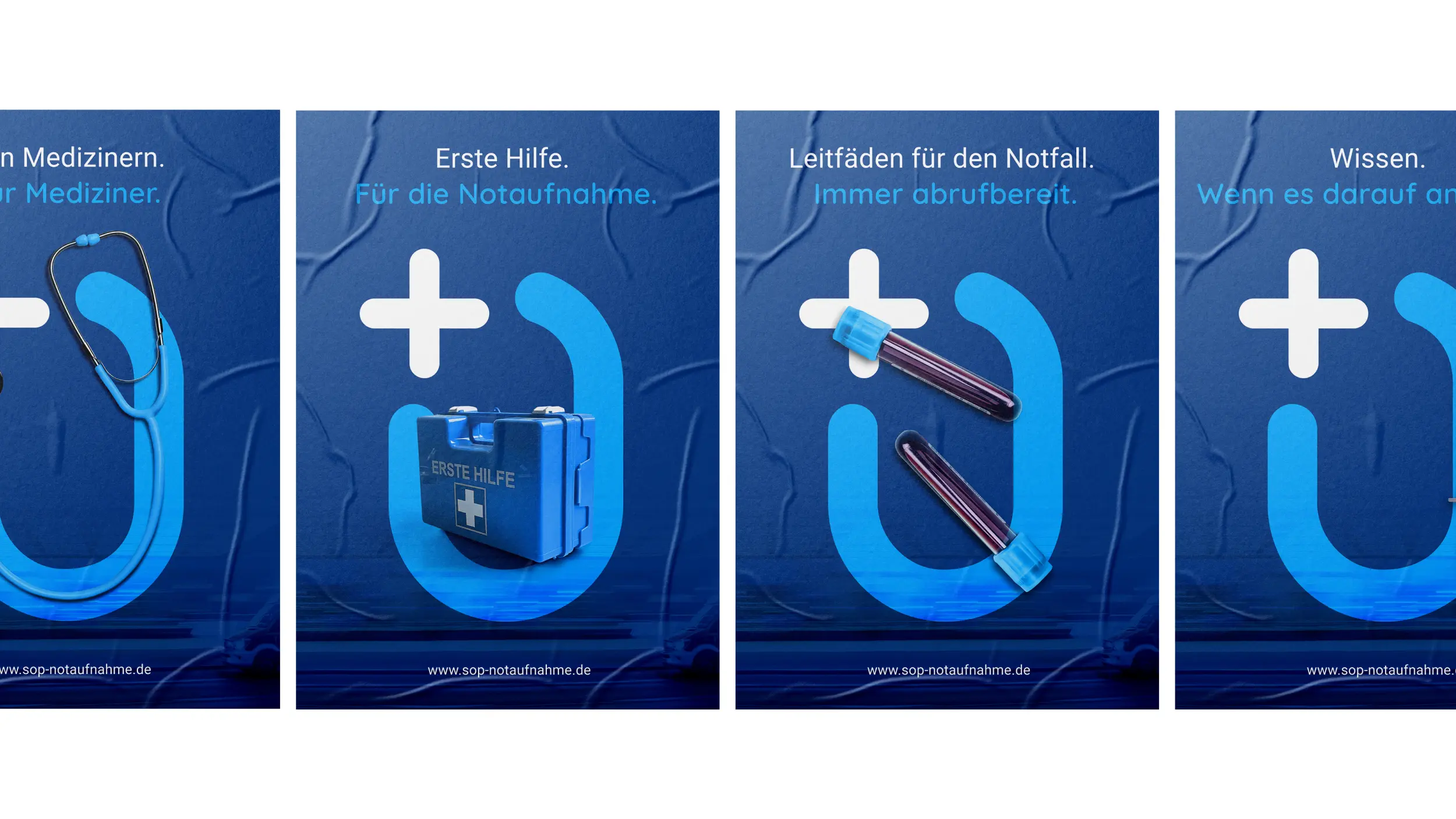 Vier Poster-Varianten mit Stethoskop, Erste-Hilfe-Koffer, Blutröhrchen und Claims.