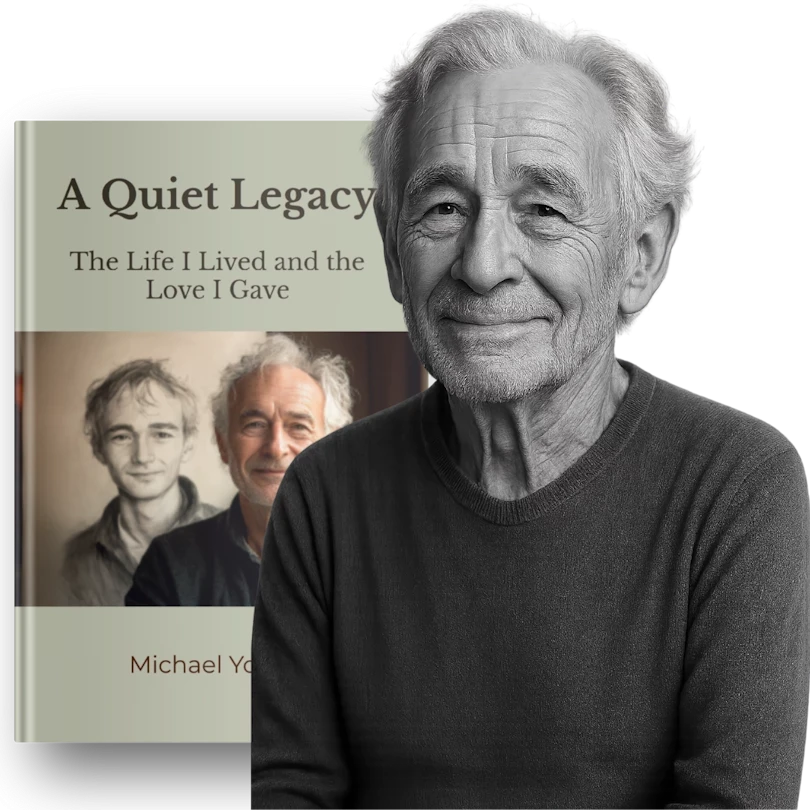 A hardcover Kindred Tales memoir held by an older man whose face appears on its illustrated cover.