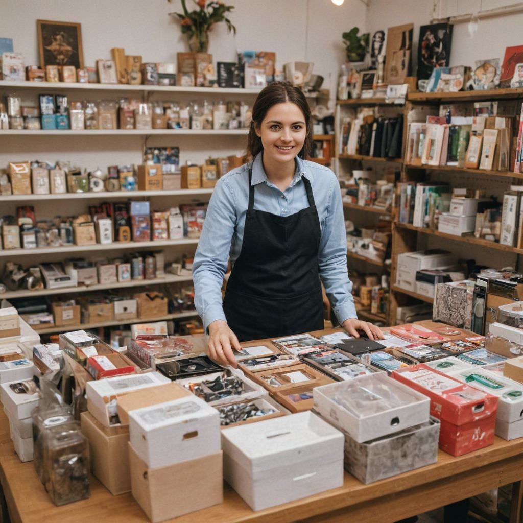 woman selling stuff in a old book shop