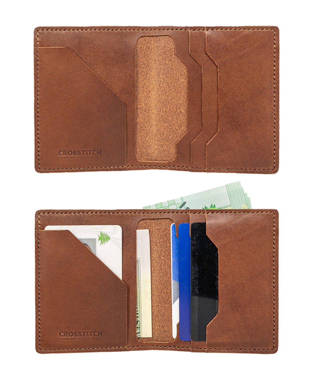 Crosstitch Leather handmade chestnut bifold wallet with multiple card slots