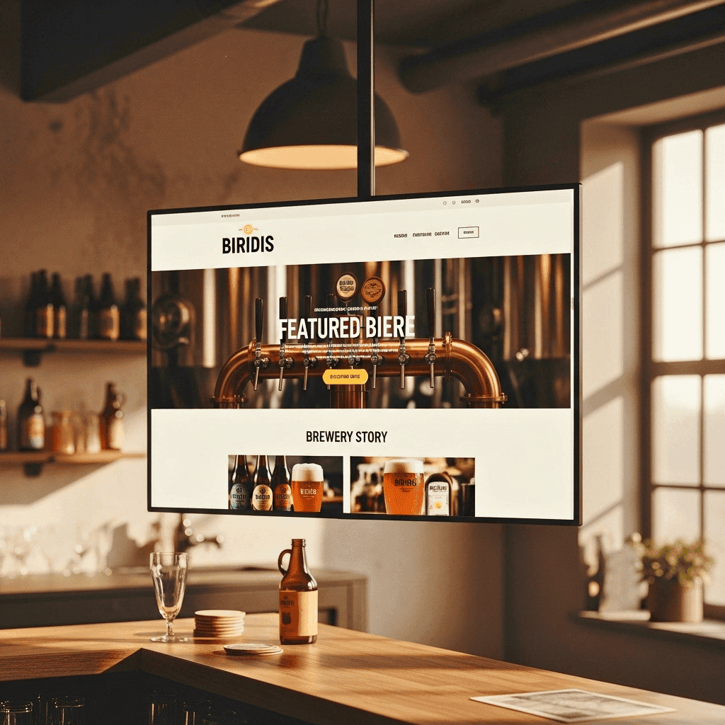 Diseño de sitio web para cervecería artesanal Biridis exhibido en una pantalla de bar, destacando la interfaz de usuario con imágenes de grifos y botellas.