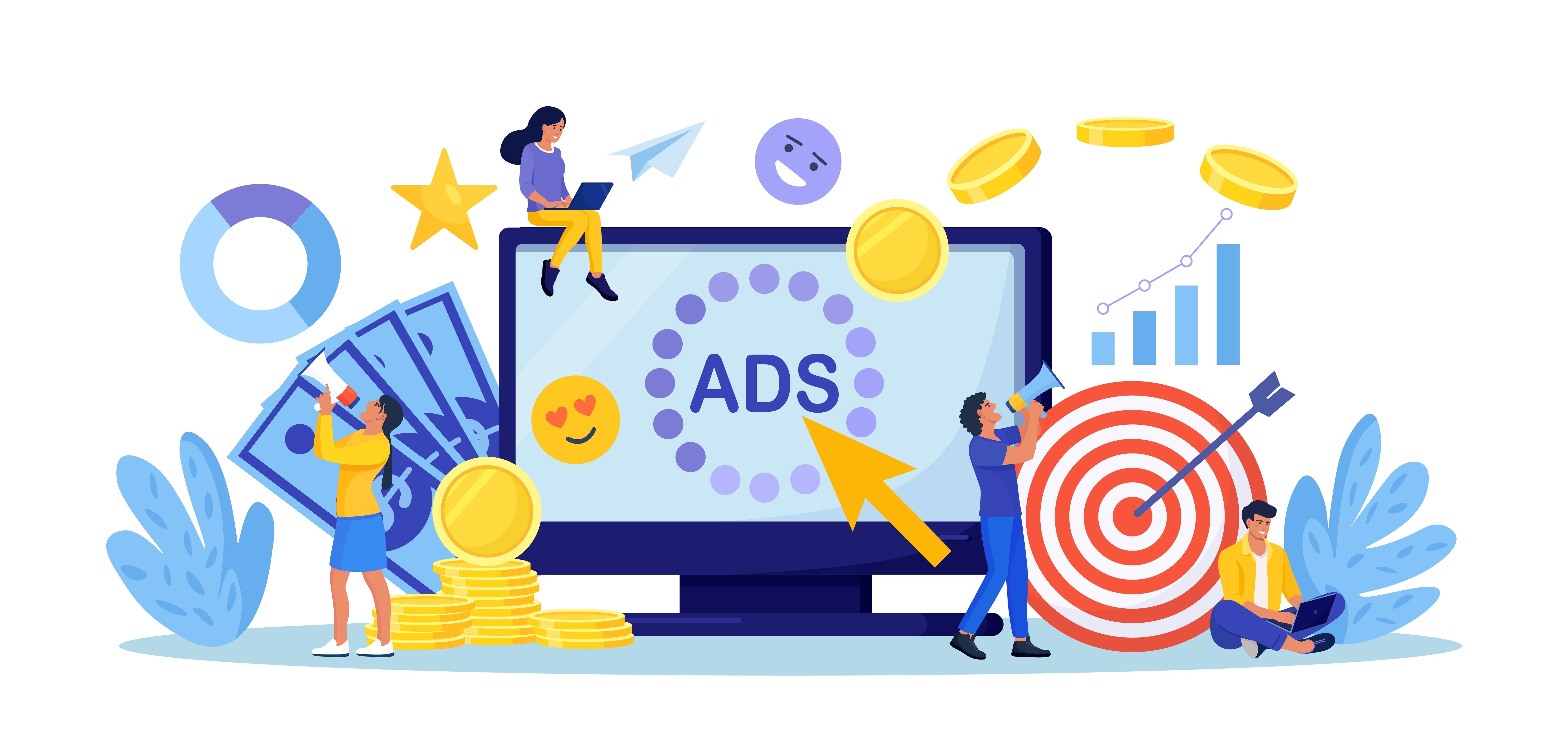 Illustration of marketers running a paid ads campaign with target, coins, and performance metrics
