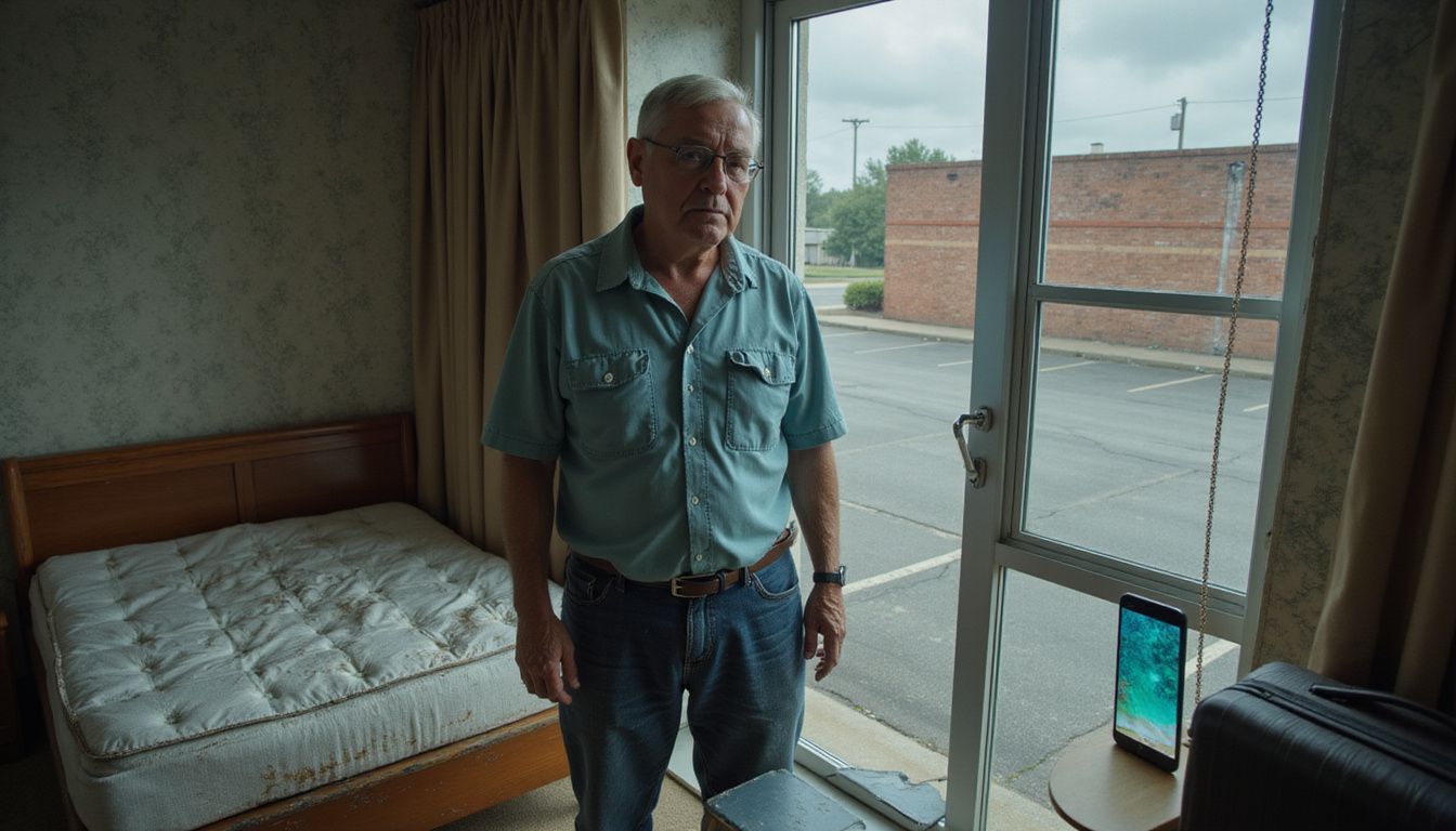 A disillusioned man stares out at a bleak hotel view.