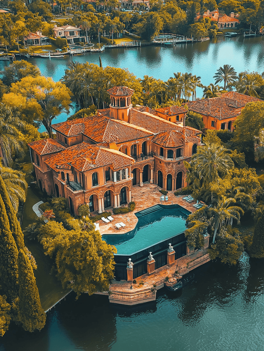 Aerial view of an elegant villa with terracotta roof tiles, surrounded by lush green trees and adjacent to a tranquil lake, featuring a luxurious pool.