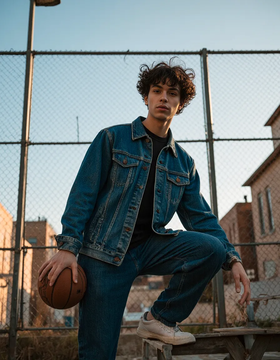 Person in denim jacket and jeans holding basketball on bench against chain-link fence with urban backdrop in golden hour lighting