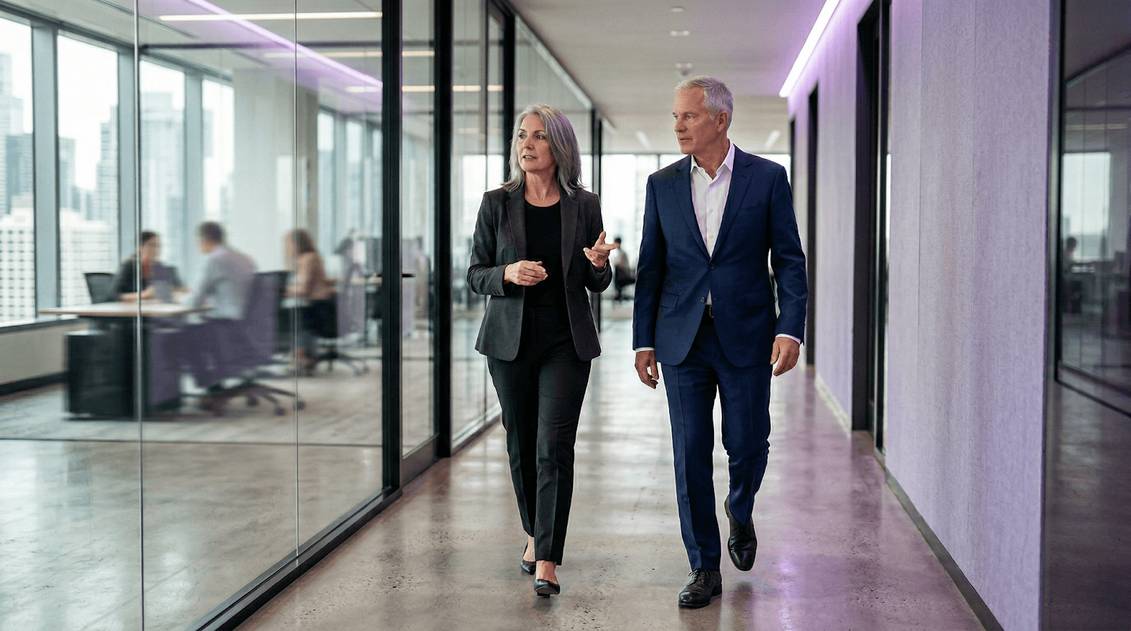 Two senior communications professionals in conversation while walking through a modern office corridor