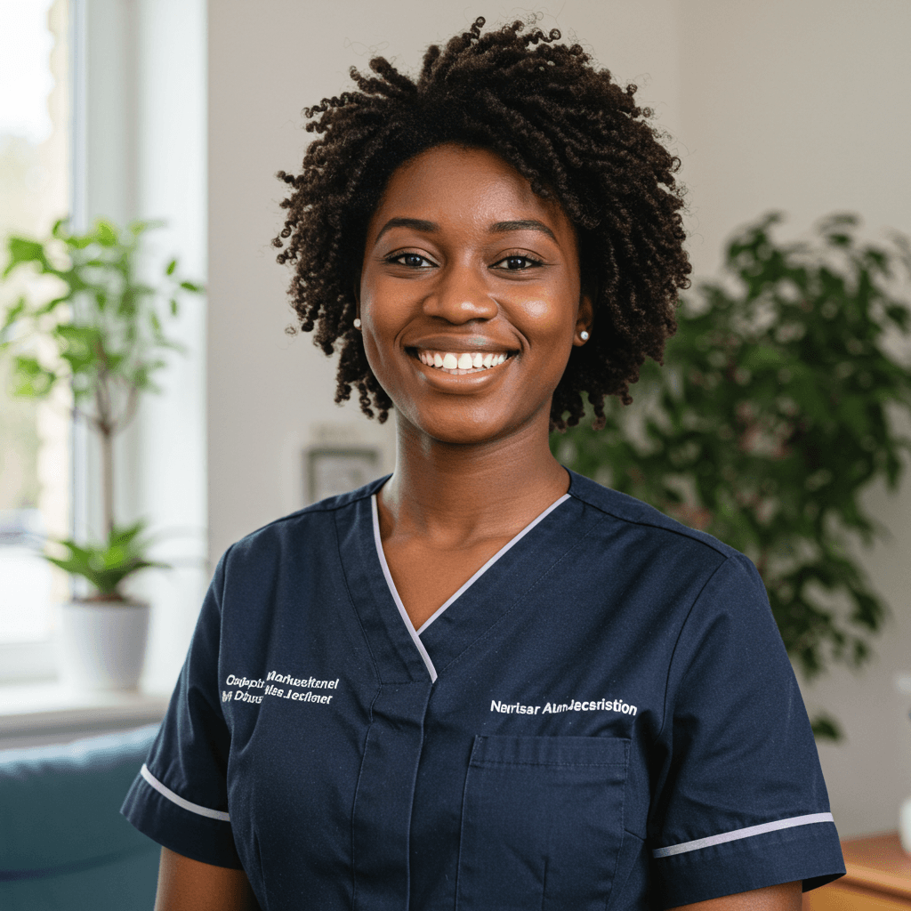 Smiling female African caregiver in a navy medical uniform standing in a bright, homey room with houseplants in the background.