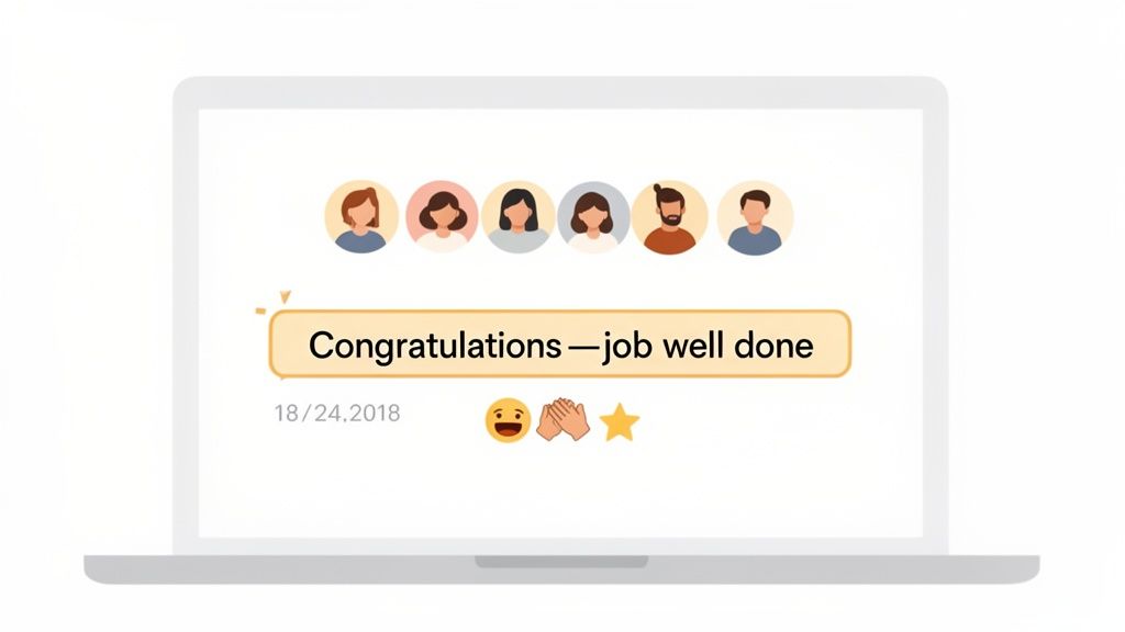 Laptop screen shows a celebratory message 'Congratulations — job well done' with diverse avatars and emojis.