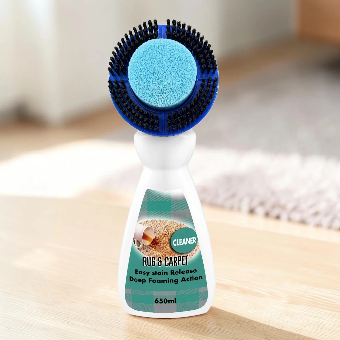 Private label carpet cleaning brush with integrated cleaning solution applicator