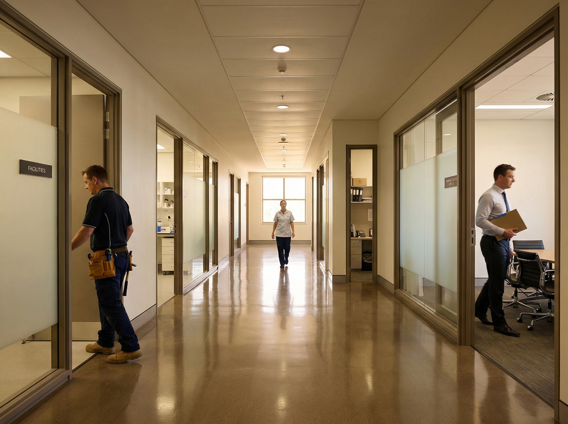 A wide, meditative shot of a single long corridor in a large Australian workplace — a hospital, a university, or a government building — stretching from the foreground deep into the frame. The corridor is active but unhurried: a nurse walks toward the camera in the distance, a maintenance worker enters a doorway on the left, a manager exits a meeting room on the right carrying a folder.