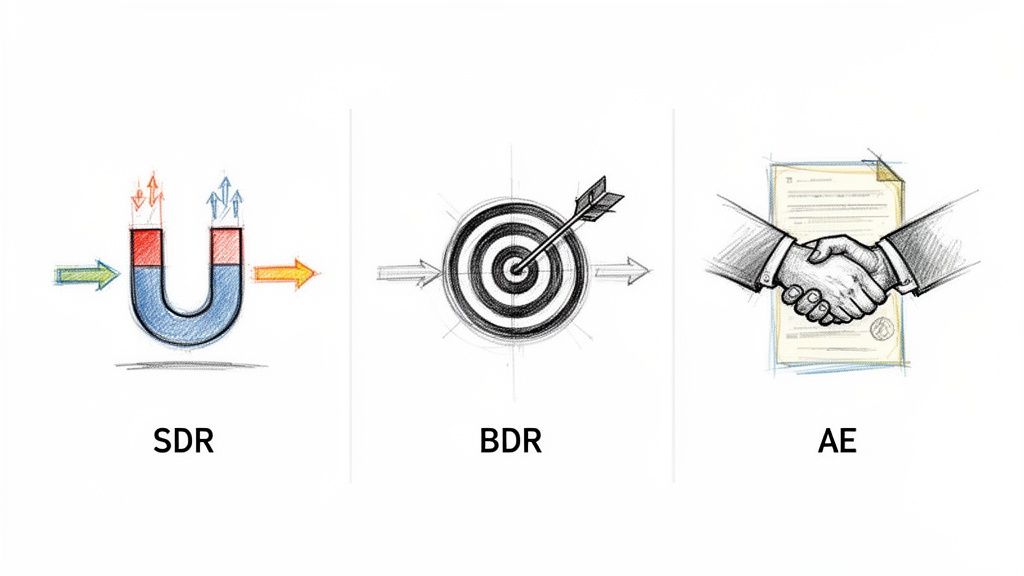 Illustration of sales roles: SDR attracting leads, BDR targeting prospects, and AE closing deals.