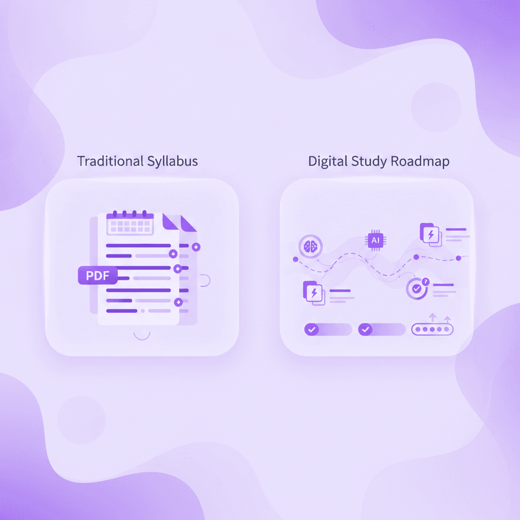 A split-screen graphic. Left side shows a dense, traditional PDF syllabus with highlighted dates. Right side shows a clean, digital study roadmap with interactive flashcard icons and quiz schedules.