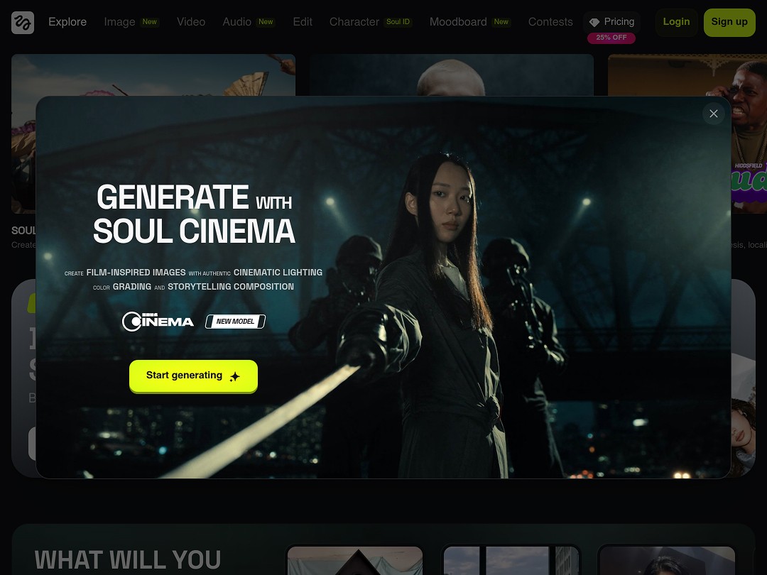 Cinematic image of a woman wielding a glowing sword in dark atmospheric lighting promoting Soul Cinema AI image generator