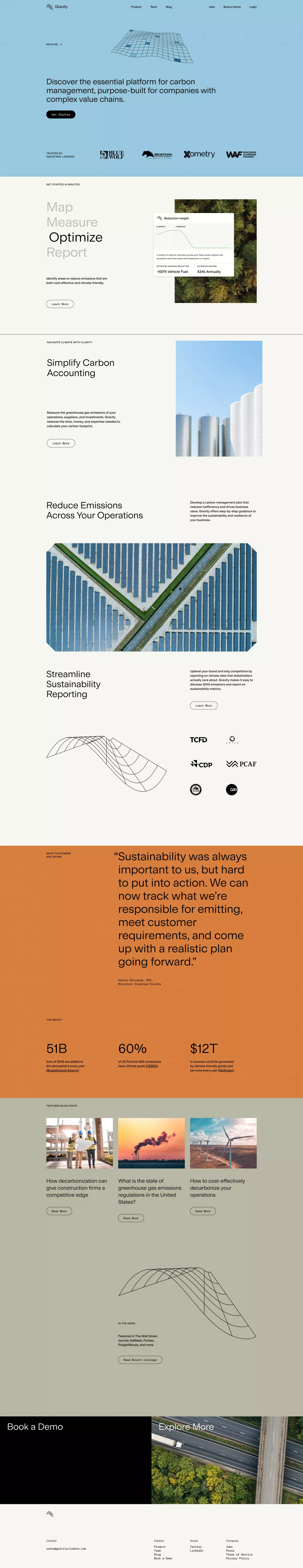 Gravity Climate landing page screenshot showcasing Tech and Nature design