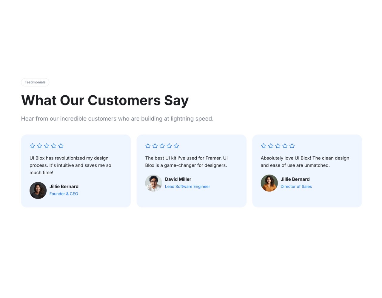 Framer Testimonials Section - Frameblox UI