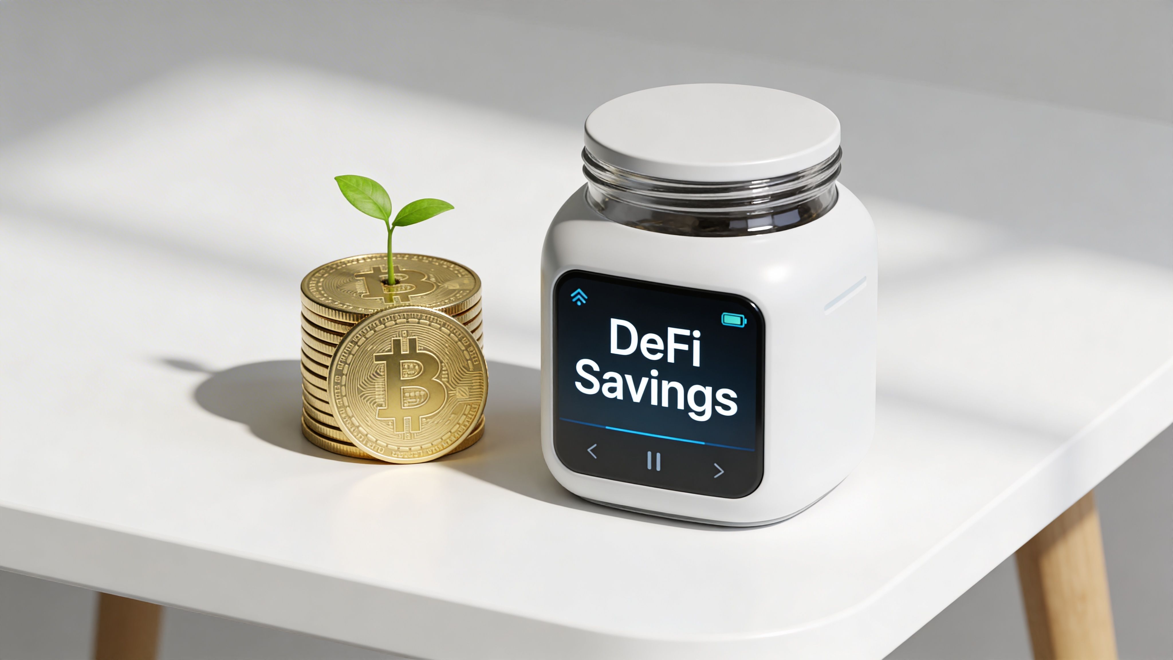 A stack of golden Bitcoin coins with a small green plant next to a digital savings jar.