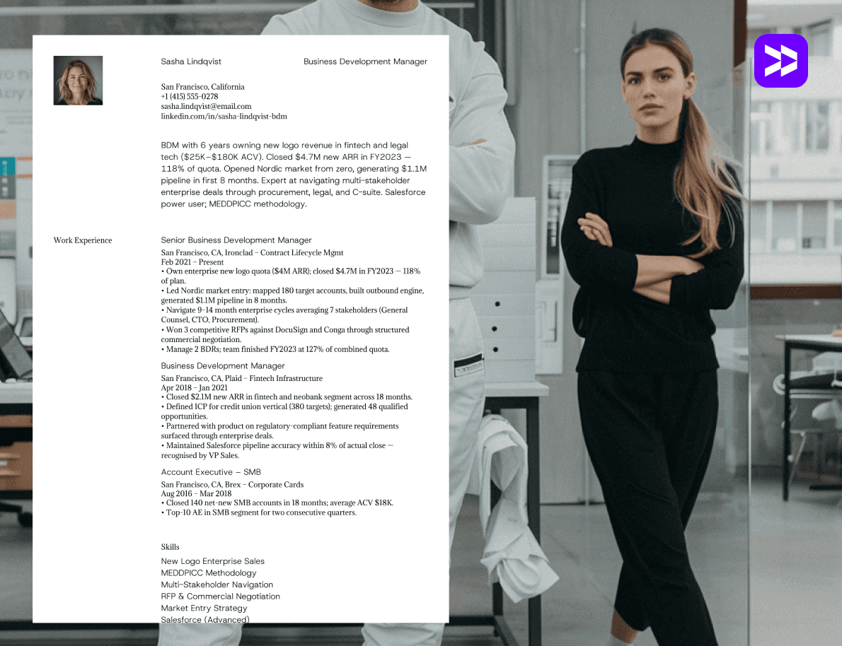 Business development manager resume example on a clean textured background