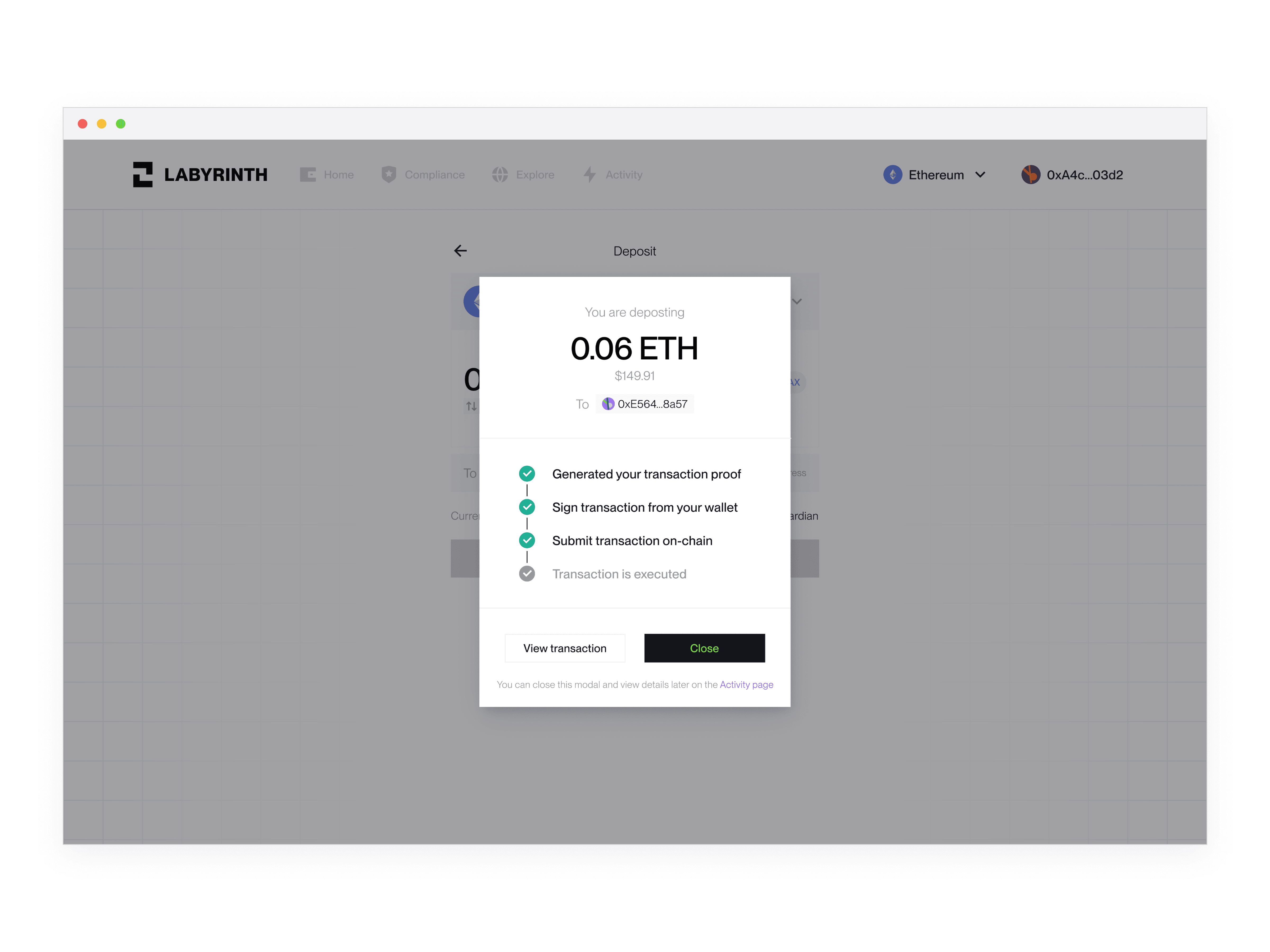 step-by-step progress of a deposit with transaction proof, wallet signing, on-chain submission, and final execution status