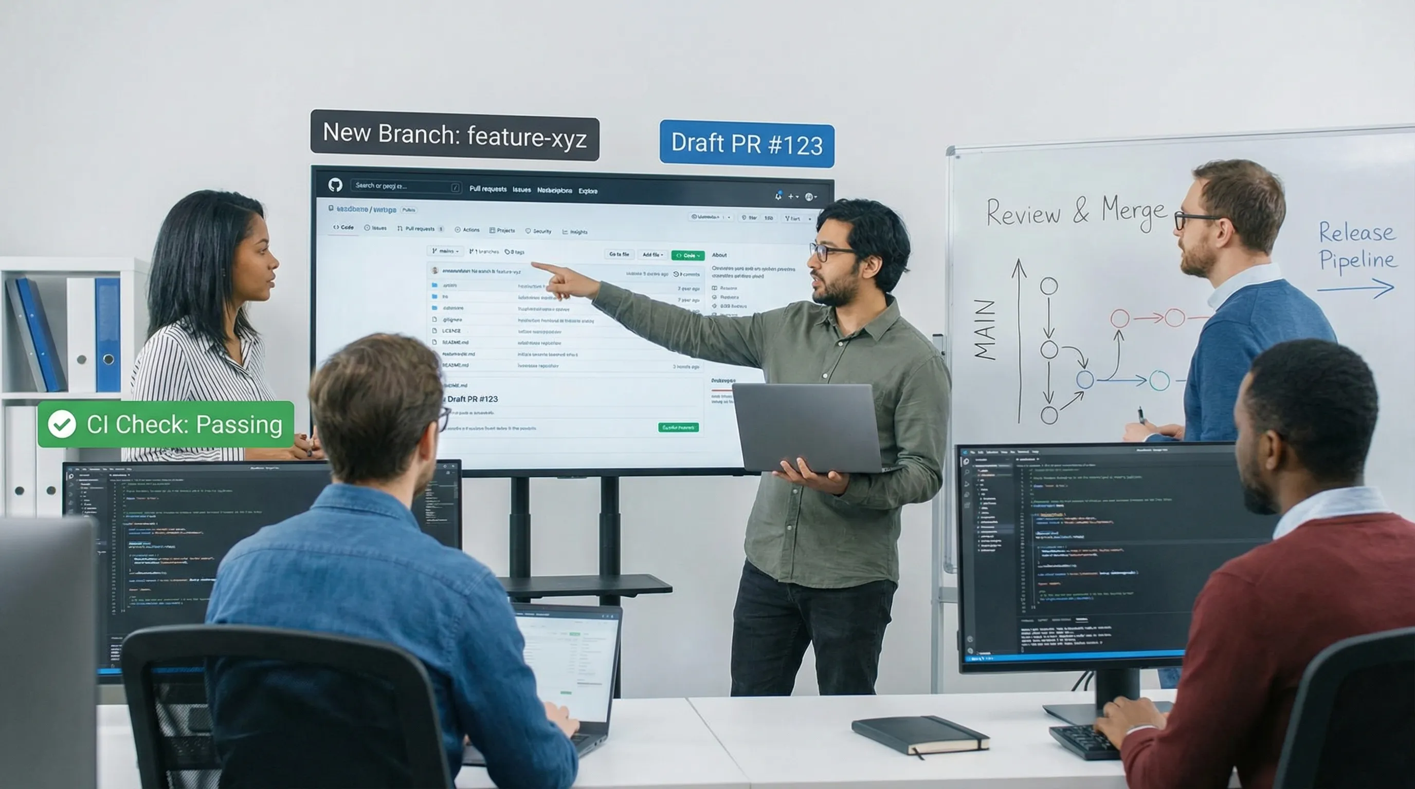 Csapat PR folyamat illusztráció: fejlesztő branch-et nyit, draft PR, automatikus CI ellenőrzés, review, majd merge a main ágra és release pipeline.