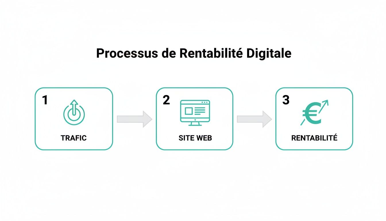 Schéma montrant le processus de rentabilité digitale en 3 étapes : trafic, site web et rentabilité.