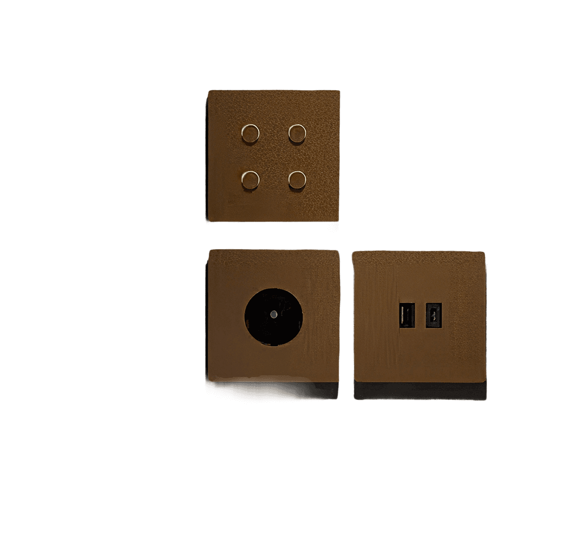 Brown electrical outlets with four buttons, one port, and two ports.