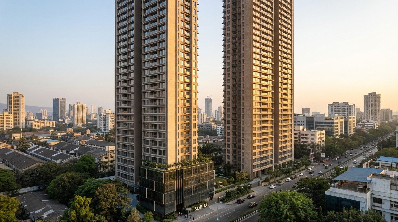 Upscale in-tower fine dining restaurant at Prestige Vaishnaoi Rainbow Waters with floor-to-ceiling glass windows overlooking the Gachibowli skyline at night