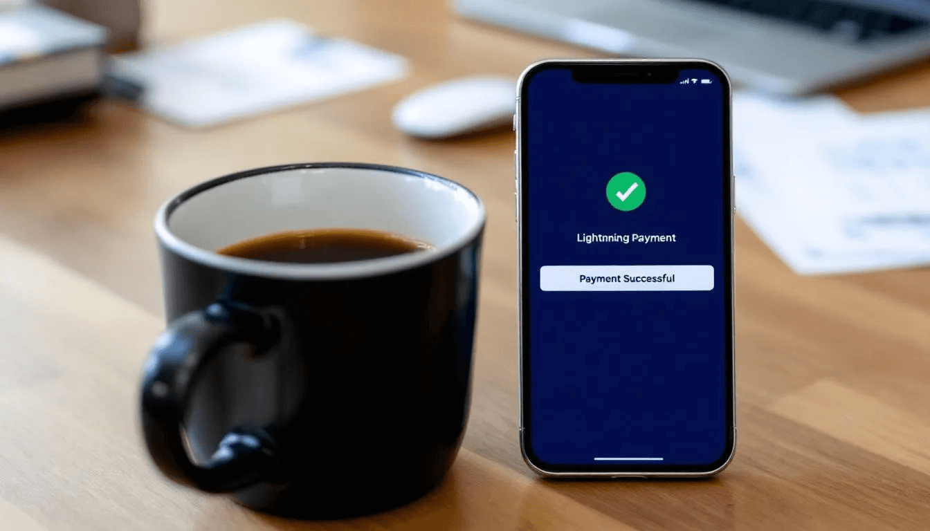 The image shows a coffee cup placed next to a smartphone displaying a completed lightning payment, illustrating how users can efficiently transact using the lightning network for instant and low-cost bitcoin transactions. This scene highlights the convenience of making payments through a lightning wallet while enjoying a coffee break.