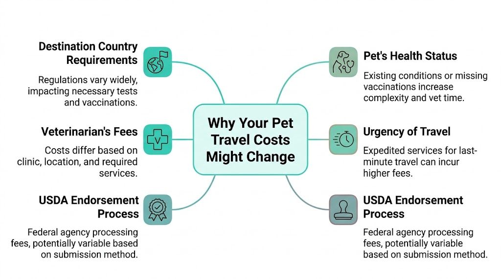 An infographic diagram explaining various factors that influence the total cost of international pet travel.