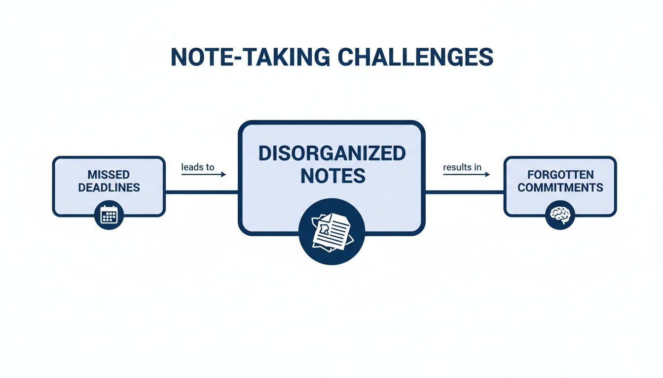 Flowchart illustrating note-taking challenges: Missed deadlines lead to disorganized notes, resulting in forgotten commitments.