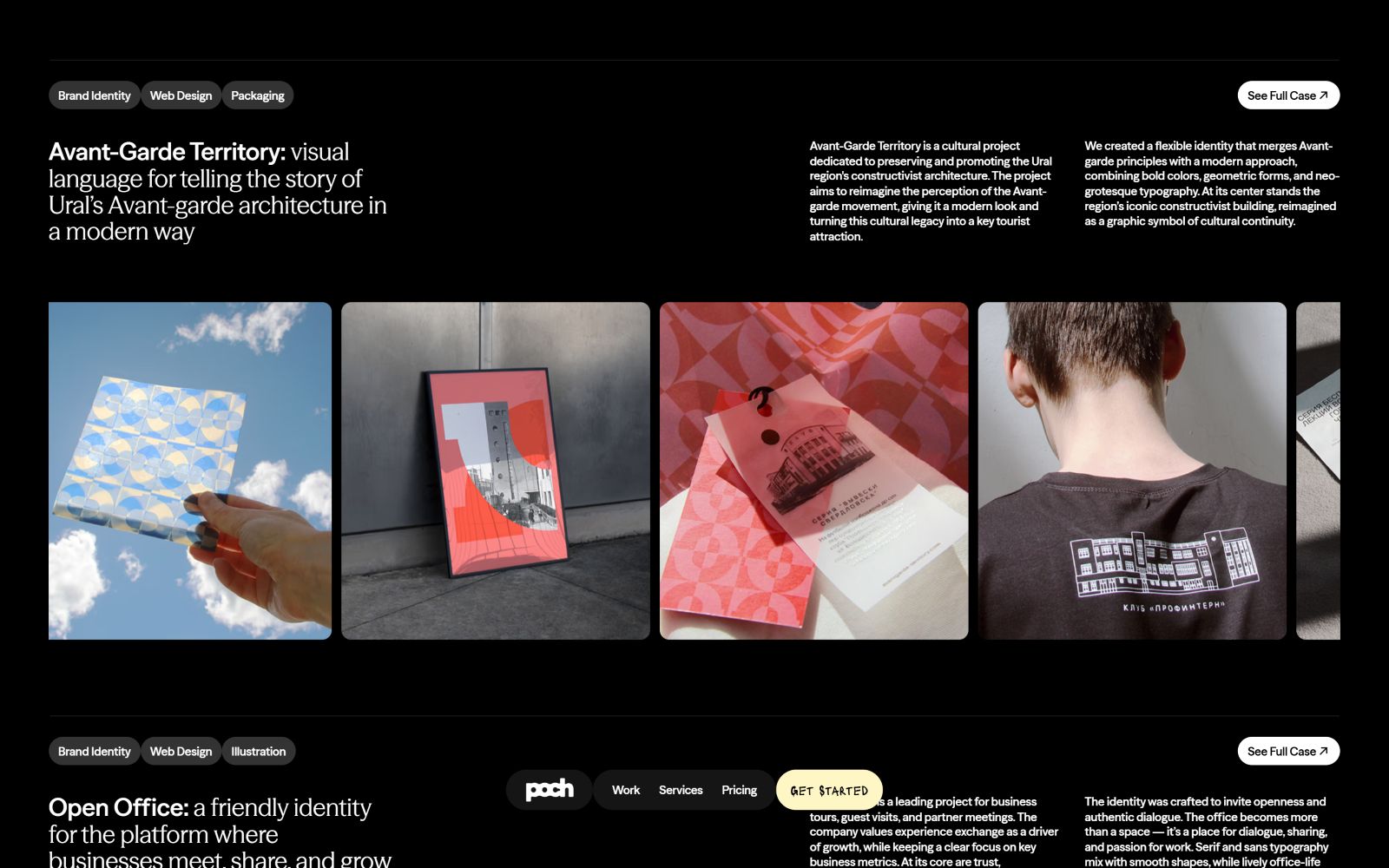 Row of design project thumbnails on a black background, including a sky with a cloud, a red poster, and a person wearing a shirt with text.