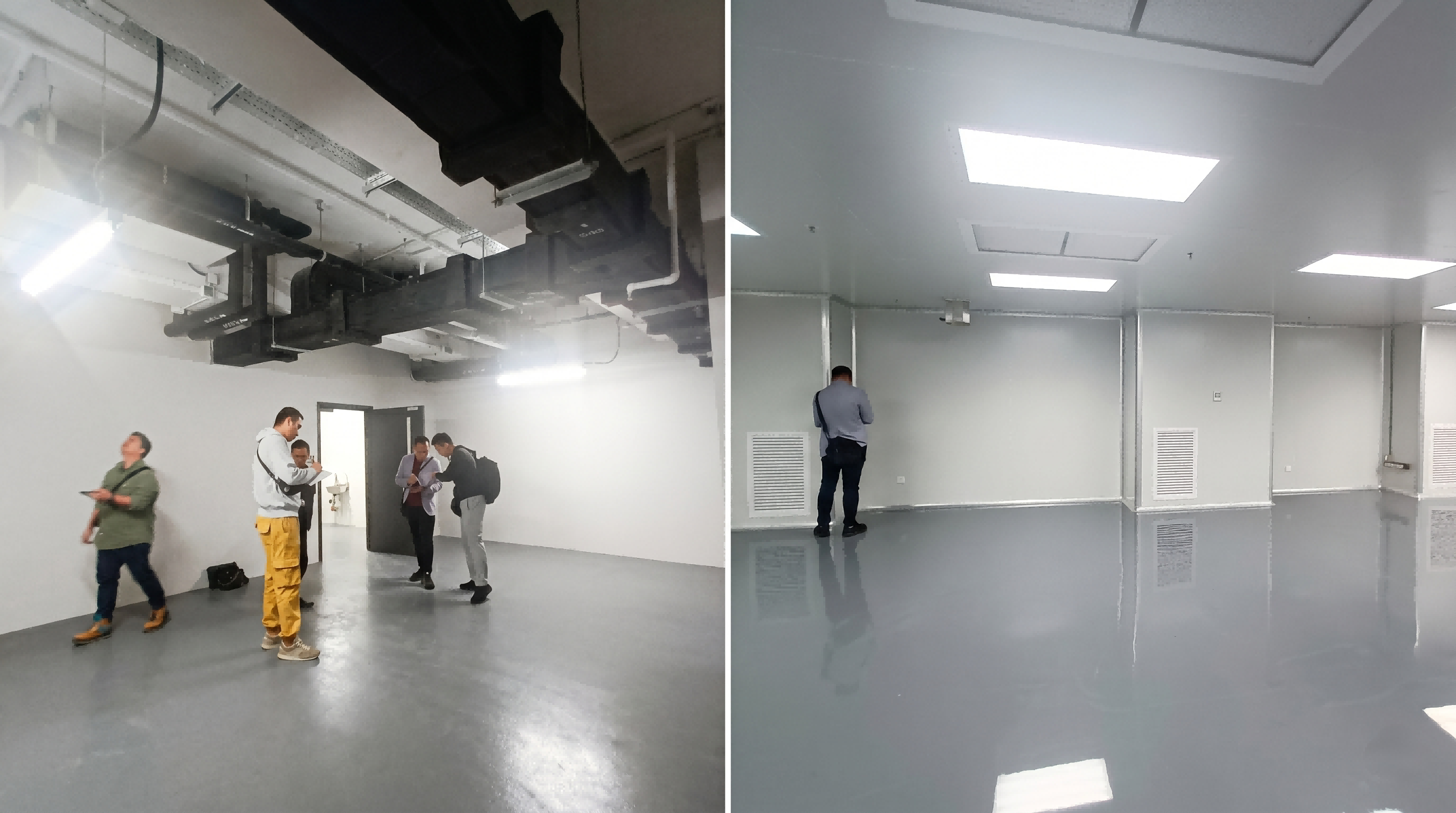 大埔太平工業中心化妝品ISO22716無塵車間地坪工程,灰色亮面環氧樹脂地板與裝修前後對比圖。
