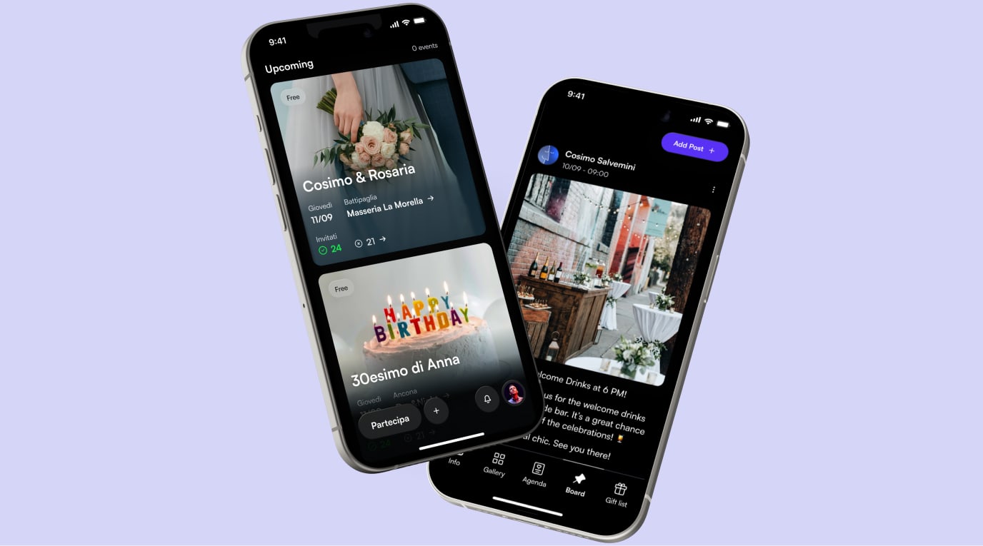 Due smartphone mostrano l’app di togevent con eventi, bacheca e contenuti condivisi, per gestire e vivere ogni evento in un unico spazio digitale.