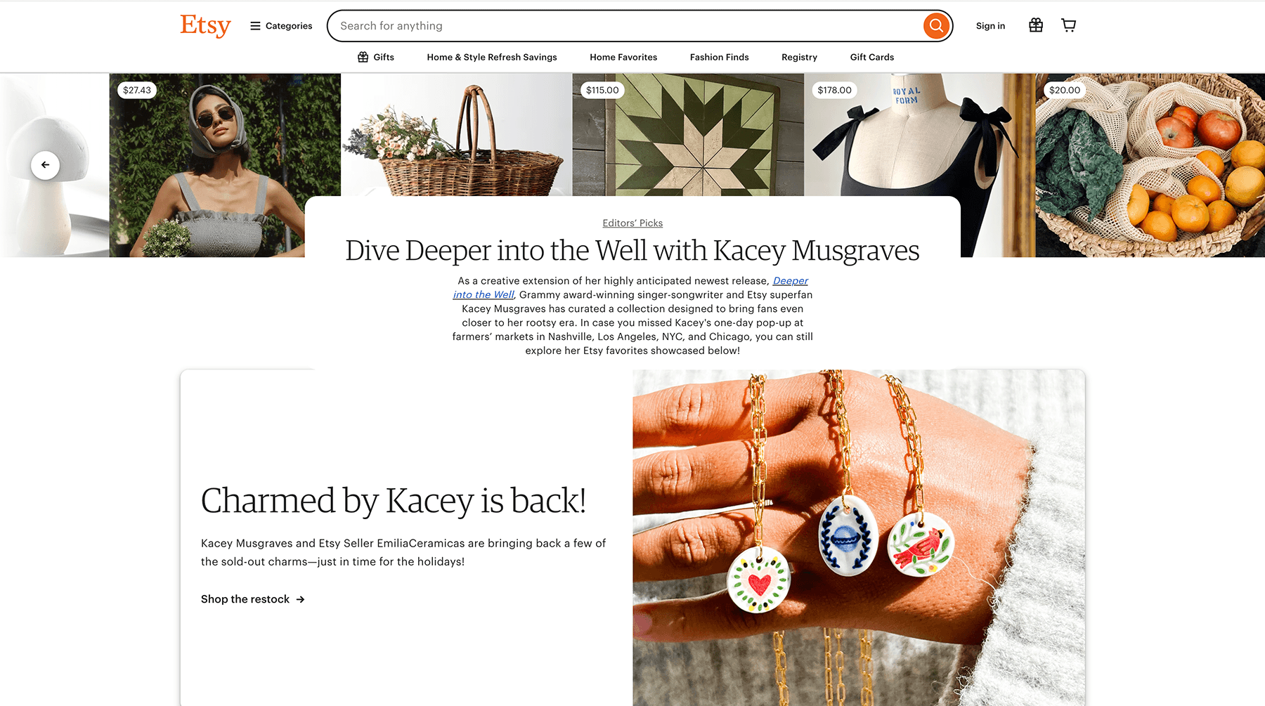 Screenshot of the Etsy x Kacey Musgraves collaboration website.