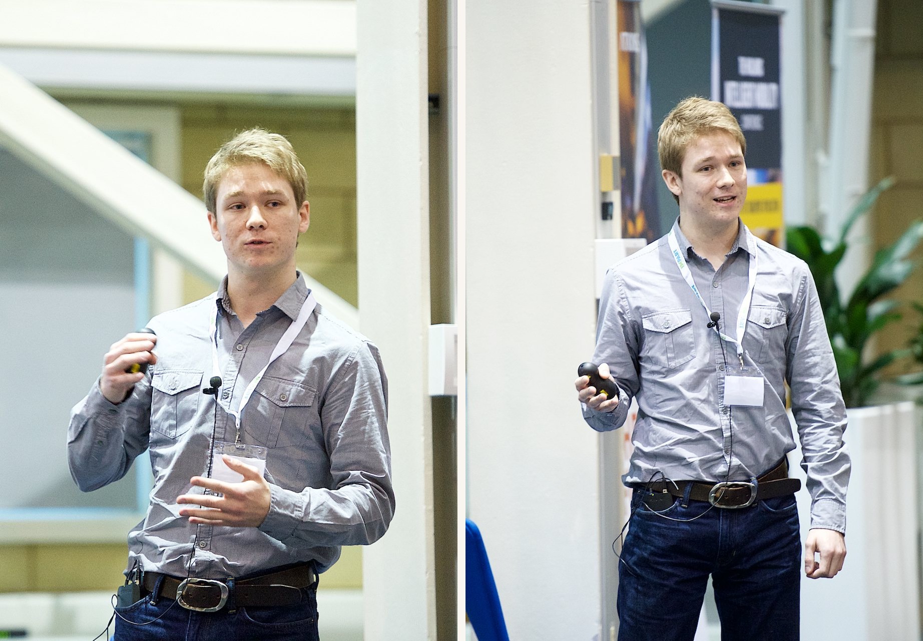 Two photos of Matt Thompson presenting with a clicker at Holywell Park, Loughborough